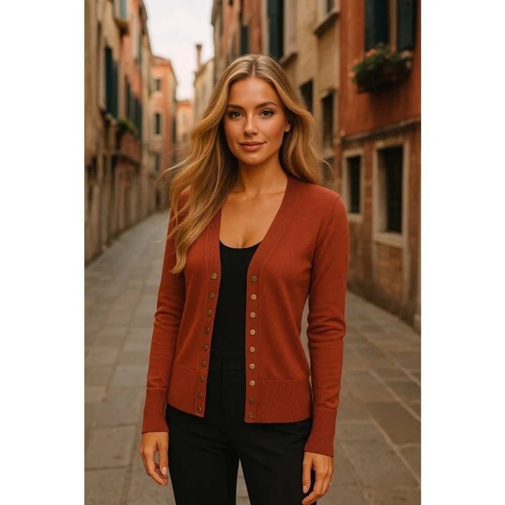 Zenana Outfitters Womens Burnt Orange Snap Front Ribbed Knit Cardigan Small